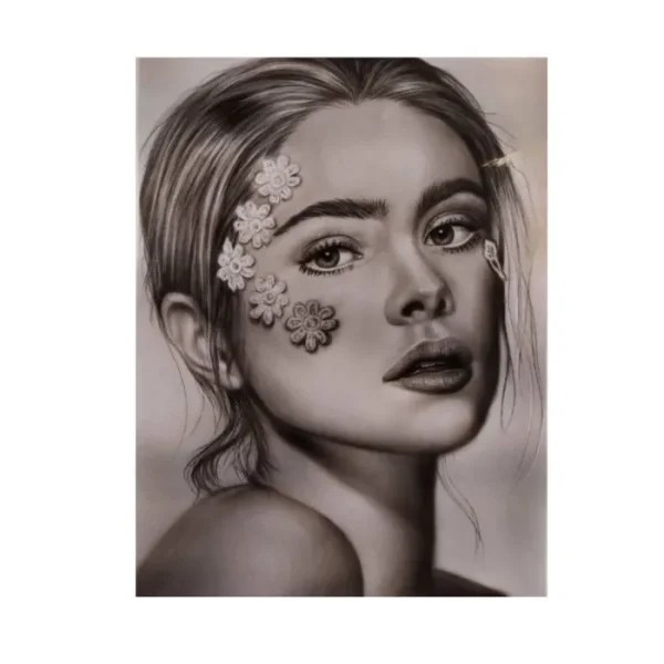 تابلو سیاه قلم دختر و گل