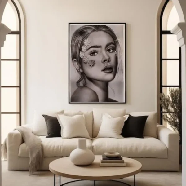 تابلو سیاه قلم دختر و گل